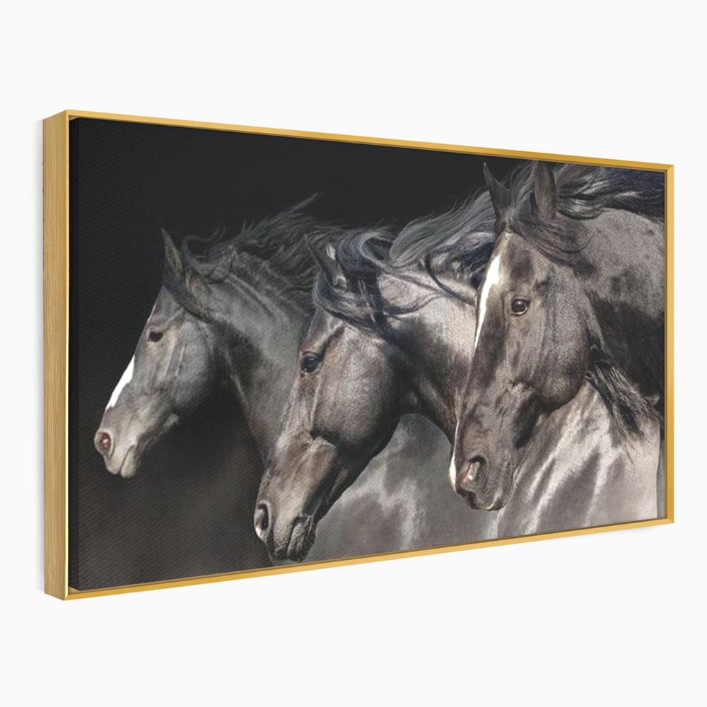 Tablou canvas cu tablou canvas cu trei cai negri in galop, in rama de aluminiu auriu